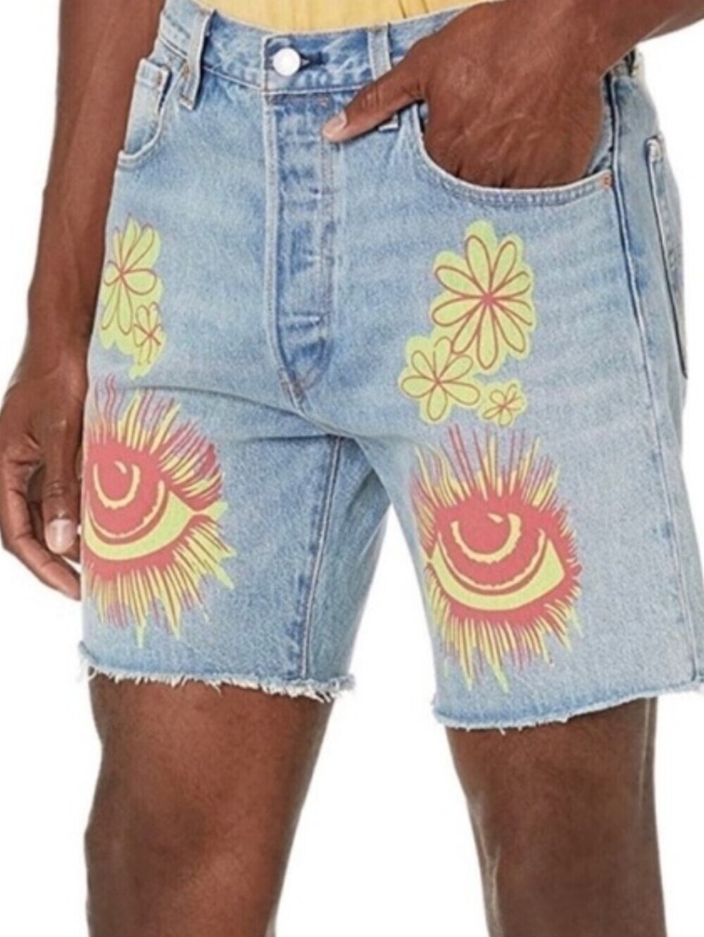 Levis Premium  501 '93 Light Blue Mens Shorts with Yellow & Red Floral Graphic